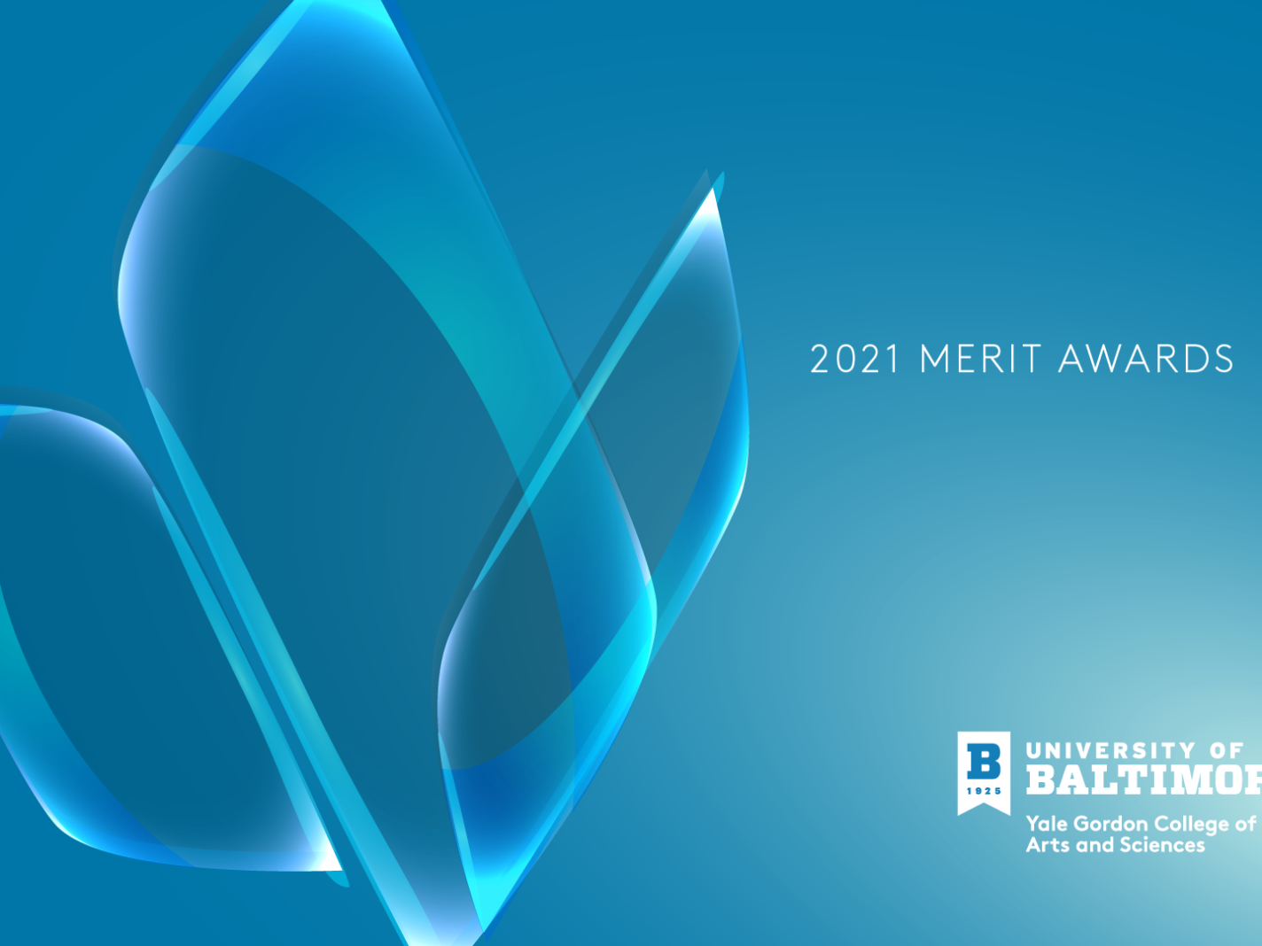 A blue slide with a gradient and three semi-transparent shapes with the text 2021 Merit Awards