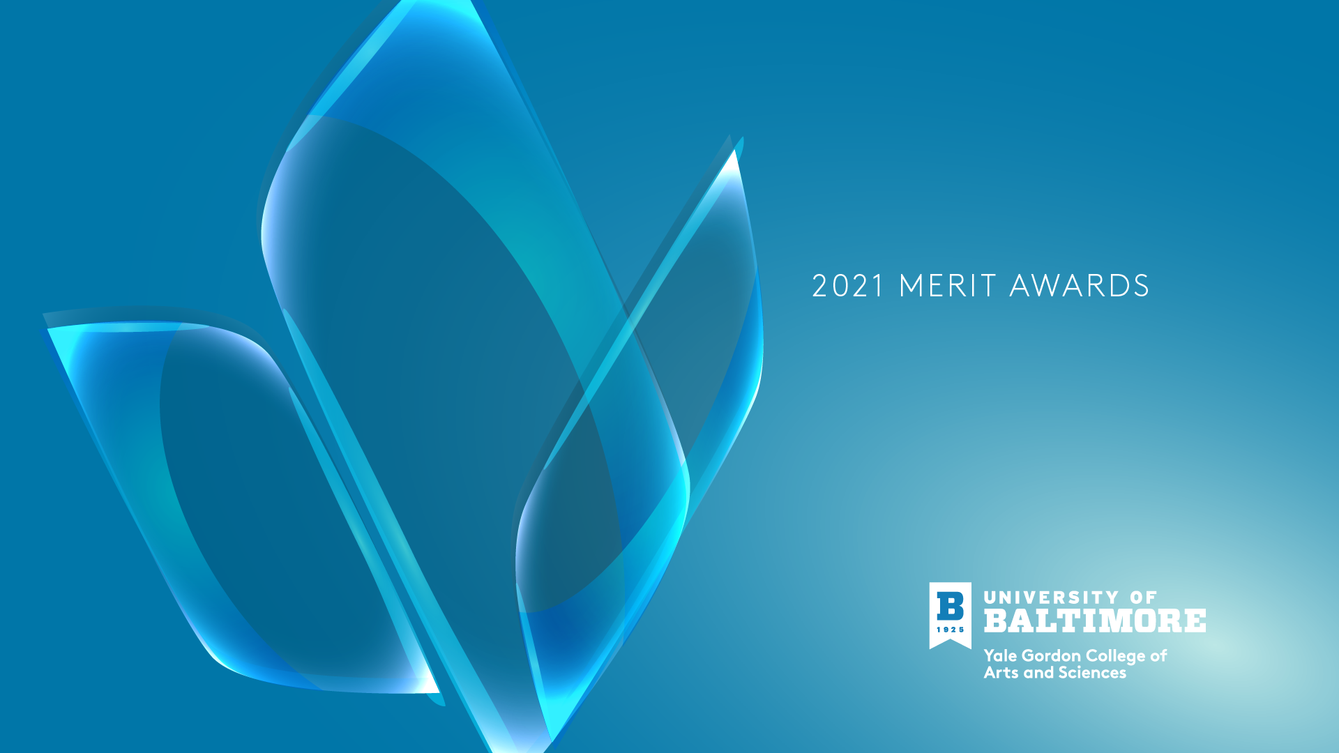 A blue slide with a gradient and three semi-transparent shapes with the text 2021 Merit Awards