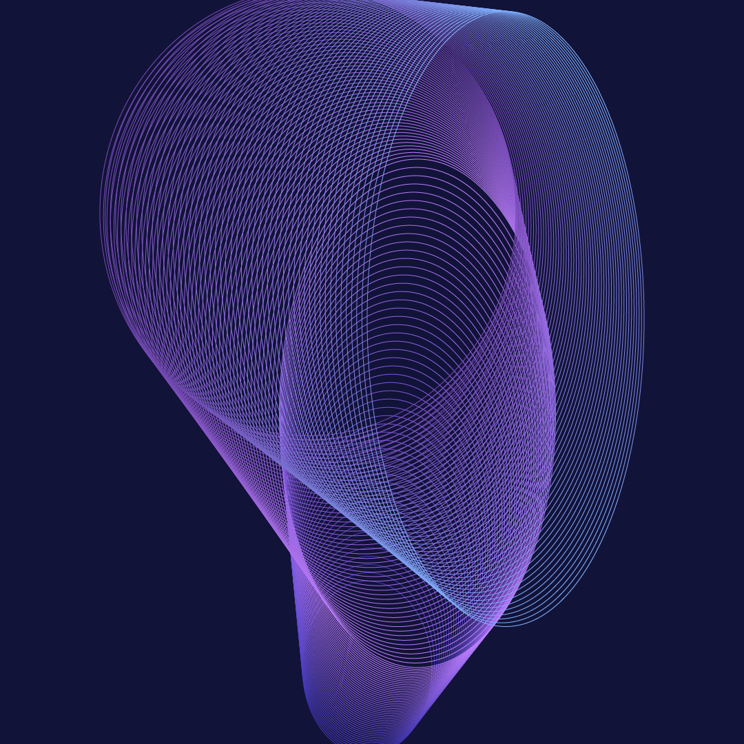 Digital artwork consisting of blue and purple ovals shifting around each other