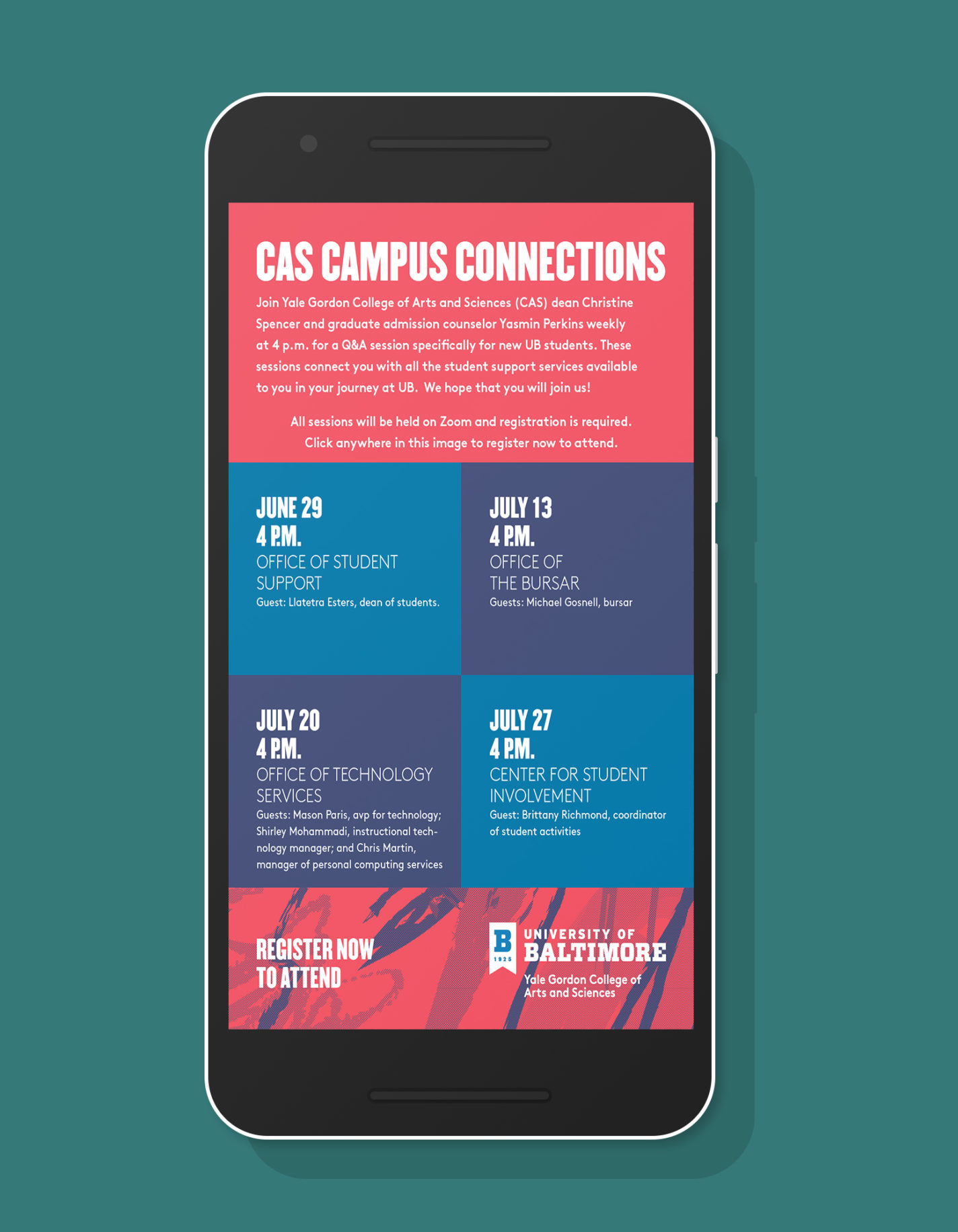 A mockup of a phone with the CAS Campus Connections July calendar