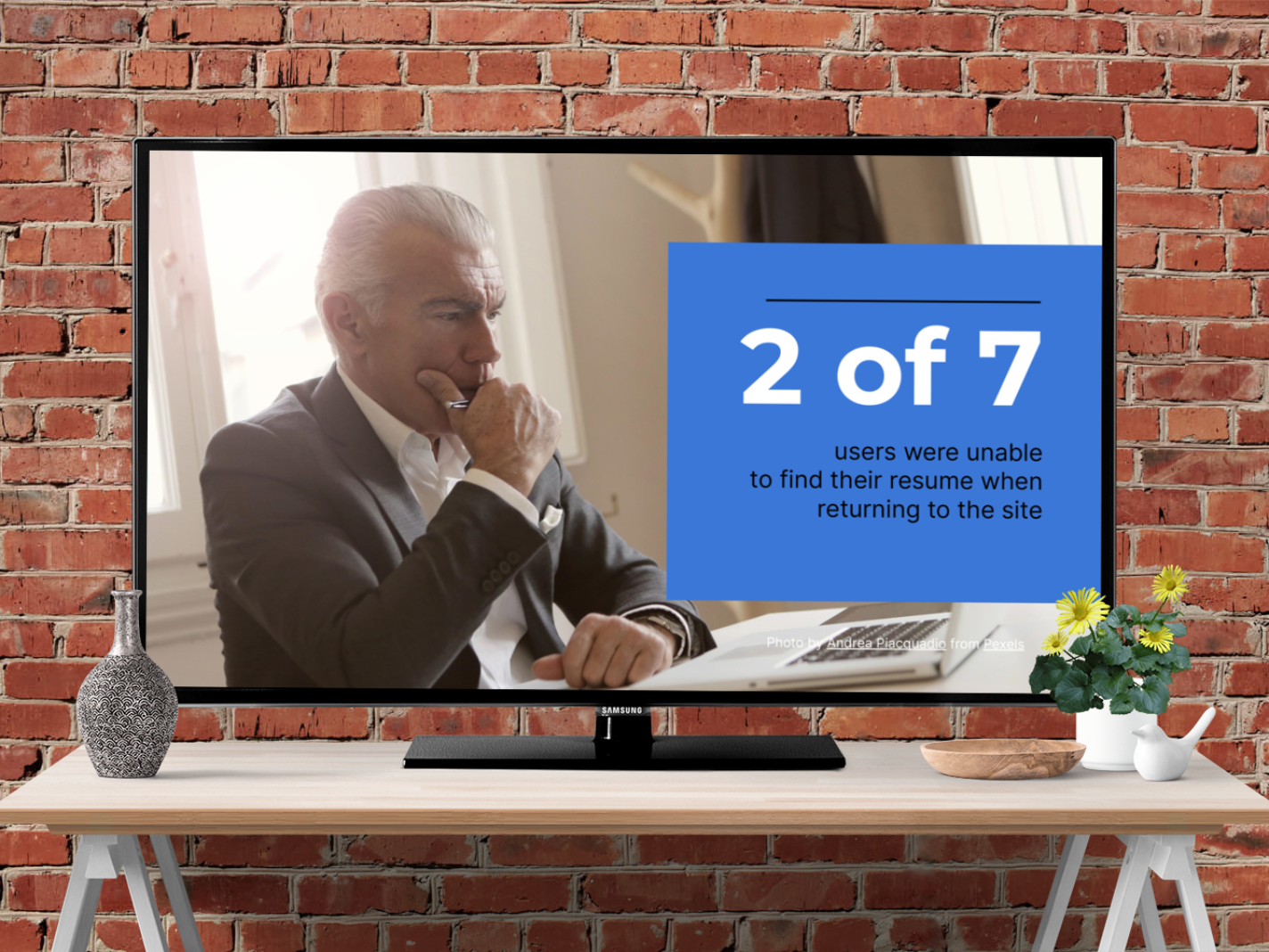 A mockup of a tv screen in front of a brick wall with a presentation slide on it saying 2 of 7 users were unable to get back to their resume to edit it later